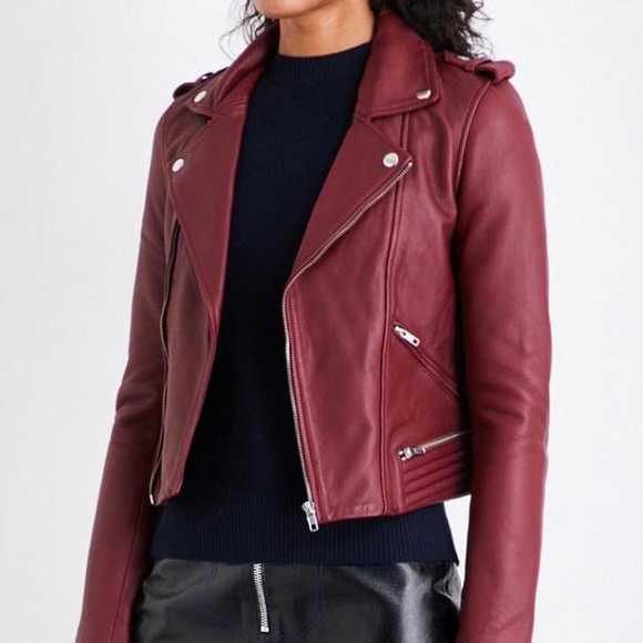NEW Maje Basalt Bordeaux/Burgundy Lamb Leather Moto Jacket‎ Size 36/Small